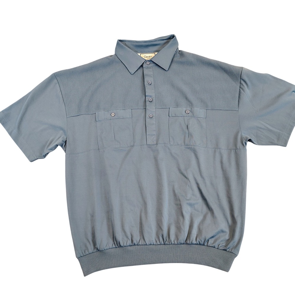 Palmland Mens L Banded Bottom Polo Shirt Blue Textured Grandpacore Retro